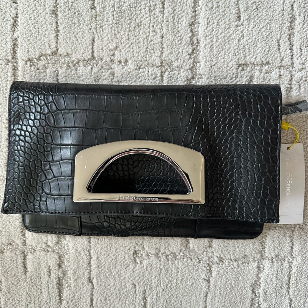 NWT BCBG Black Croc Embossed Fold Over Clutch